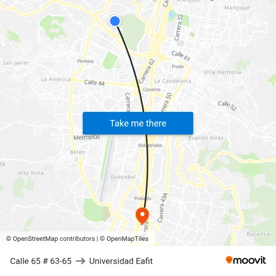 Calle 65 # 63-65 to Universidad Eafit map