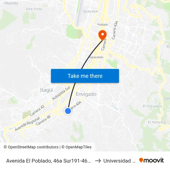 Avenida El Poblado, 46a Sur191-46a Sur209 to Universidad Eafit map