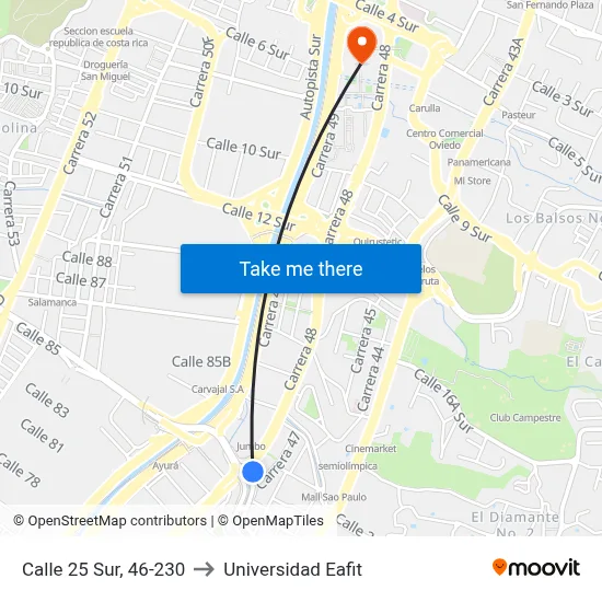 Calle 25 Sur, 46-230 to Universidad Eafit map