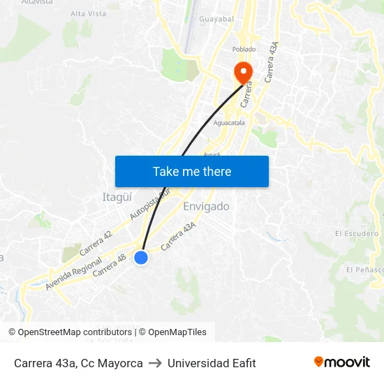 Carrera 43a, Cc Mayorca to Universidad Eafit map
