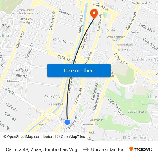 Carrera 48, 25aa, Jumbo Las Vegas to Universidad Eafit map