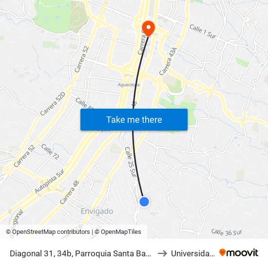 Diagonal 31, 34b, Parroquia Santa Barbara De La Ayurá to Universidad Eafit map