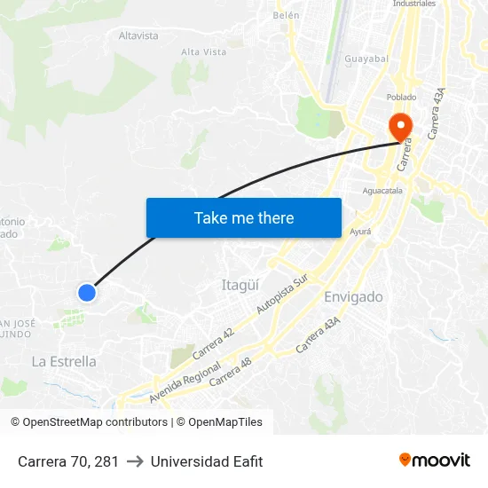 Carrera 70, 281 to Universidad Eafit map