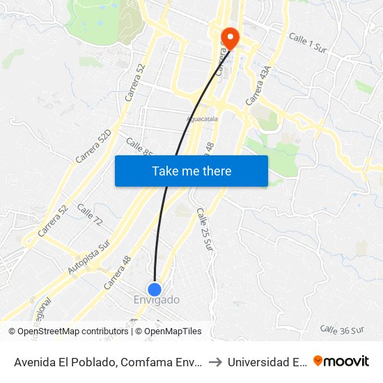 Avenida El Poblado, Comfama Envigado to Universidad Eafit map