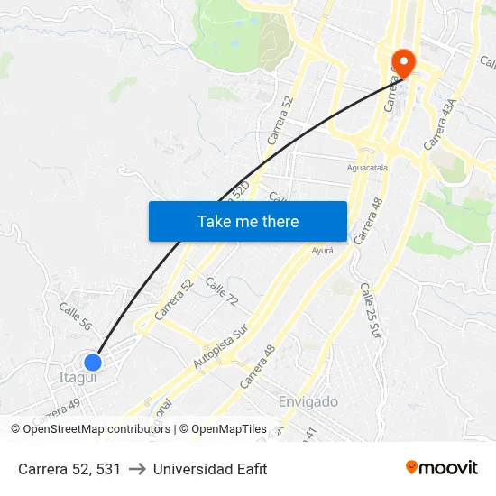 Carrera 52, 531 to Universidad Eafit map