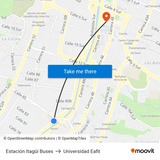 Estación Itagüí Buses to Universidad Eafit map