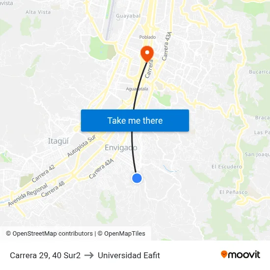 Carrera 29, 40 Sur2 to Universidad Eafit map