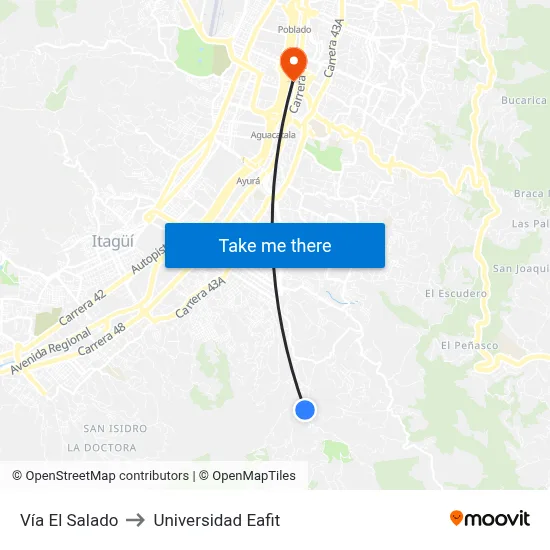 Vía El Salado to Universidad Eafit map