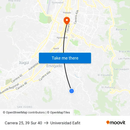 Carrera 25, 39 Sur 40 to Universidad Eafit map