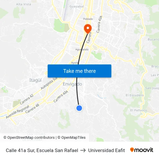 Calle 41a Sur, Escuela San Rafael to Universidad Eafit map