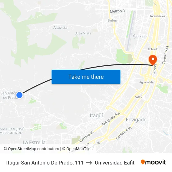 Itagüí-San Antonio De Prado, 111 to Universidad Eafit map