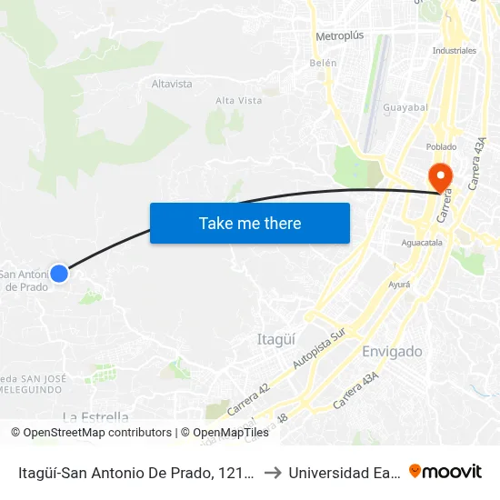 Itagüí-San Antonio De Prado, 12163 to Universidad Eafit map
