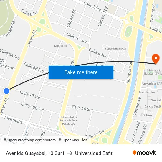 Avenida Guayabal, 10 Sur1 to Universidad Eafit map