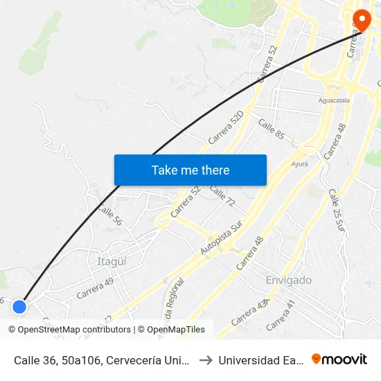 Calle 36, 50a106, Cervecería Unión to Universidad Eafit map