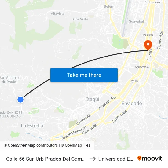 Calle 56 Sur, Urb Prados Del Campo 2 to Universidad Eafit map