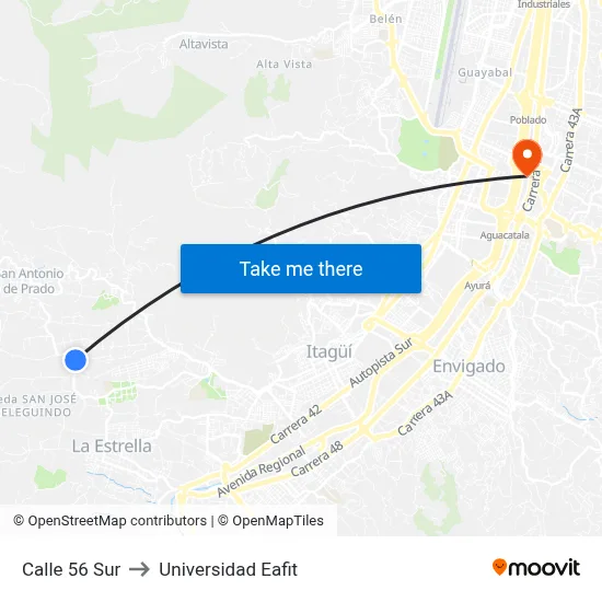 Calle 56 Sur to Universidad Eafit map