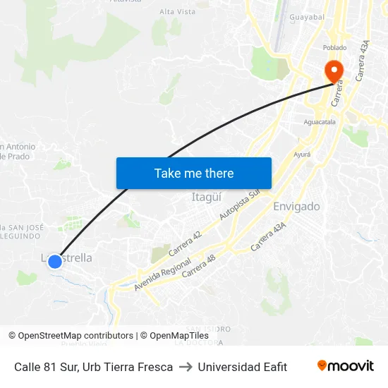 Calle 81 Sur, Urb Tierra Fresca to Universidad Eafit map