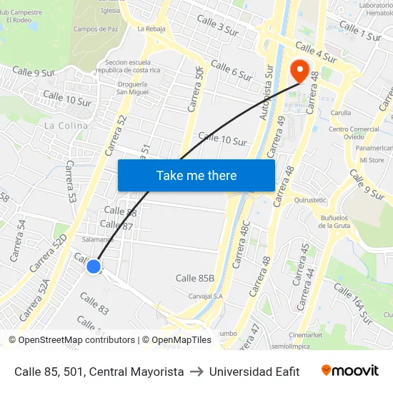 Calle 85, 501, Central Mayorista to Universidad Eafit map