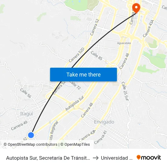Autopista Sur, Secretaría De Tránsito Itagüí to Universidad Eafit map