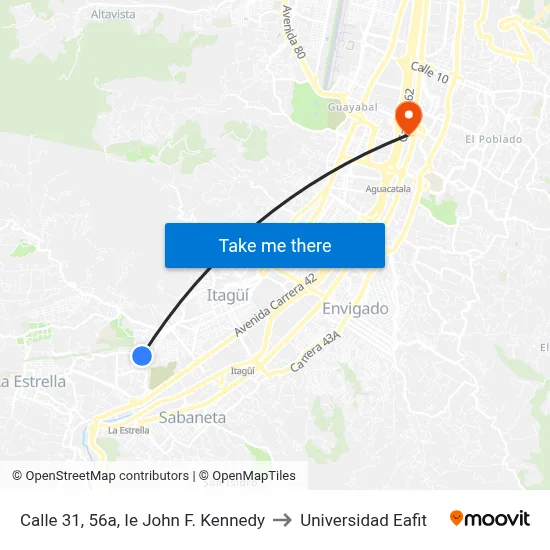 Calle 31, 56a, Ie John F. Kennedy to Universidad Eafit map