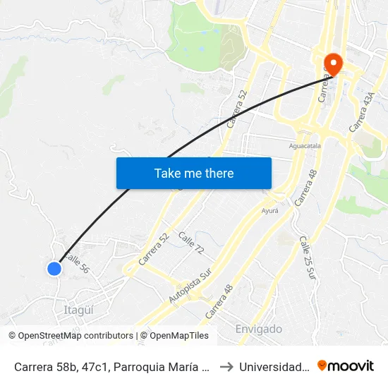 Carrera 58b, 47c1, Parroquia María Auxiliadora to Universidad Eafit map