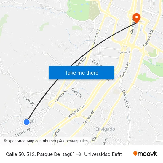 Calle 50, 512, Parque De Itagüí to Universidad Eafit map