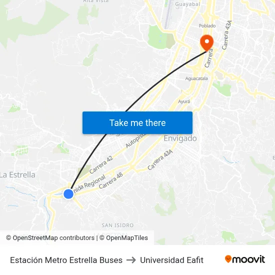 Estación Metro Estrella Buses to Universidad Eafit map