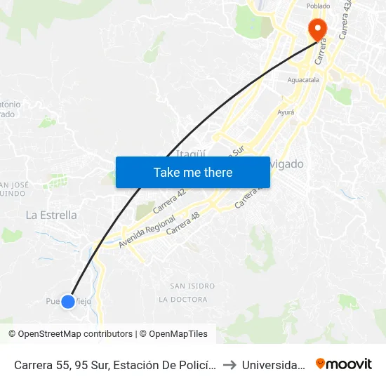 Carrera 55, 95 Sur, Estación De Policía Puebloviejo to Universidad Eafit map