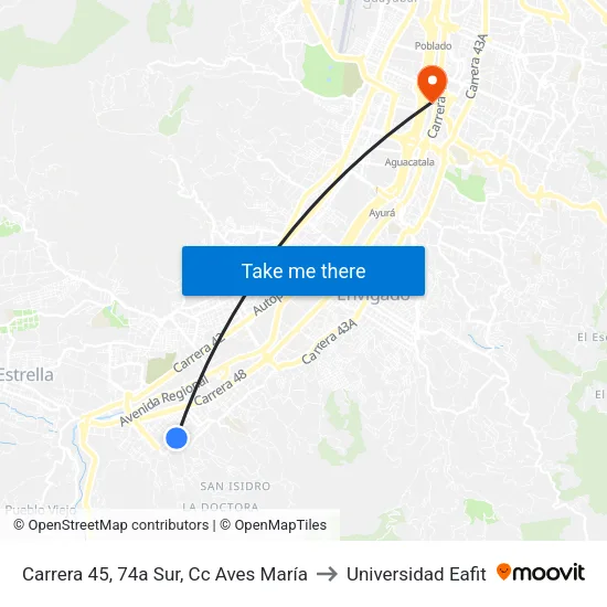 Carrera 45, 74a Sur, Cc Aves María to Universidad Eafit map