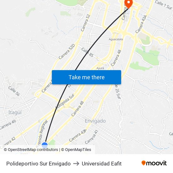 Polideportivo Sur Envigado to Universidad Eafit map