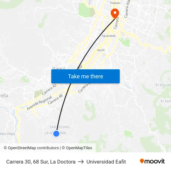Carrera 30, 68 Sur, La Doctora to Universidad Eafit map