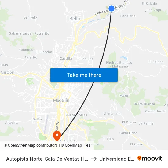 Autopista Norte, Sala De Ventas Haceb to Universidad Eafit map