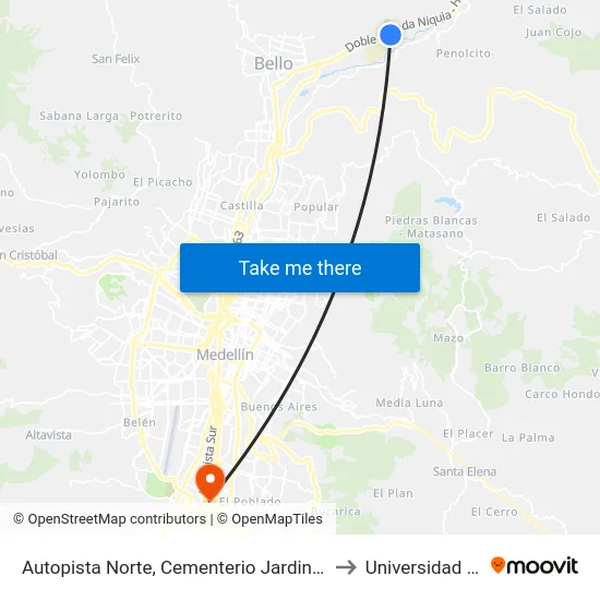 Autopista Norte, Cementerio Jardines De Fé to Universidad Eafit map