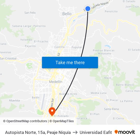 Autopista Norte, 15a, Peaje Niquía to Universidad Eafit map