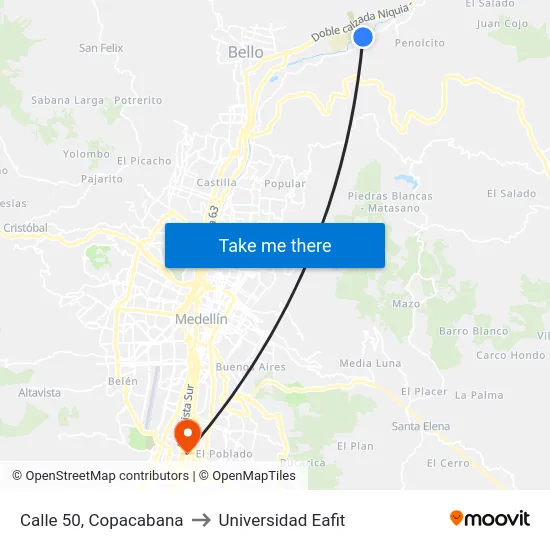 Calle 50, Copacabana to Universidad Eafit map