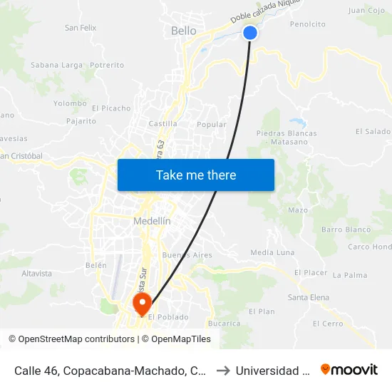 Calle 46, Copacabana-Machado, Canteras to Universidad Eafit map