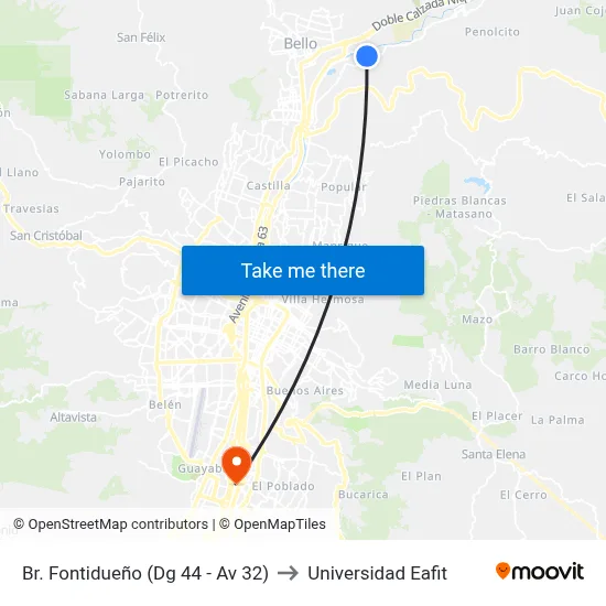 Br. Fontidueño (Dg 44 - Av 32) to Universidad Eafit map
