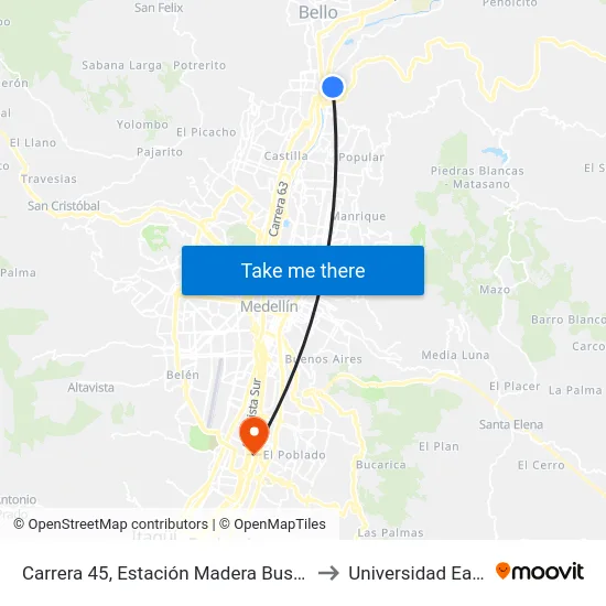 Carrera 45, Estación Madera Buses to Universidad Eafit map
