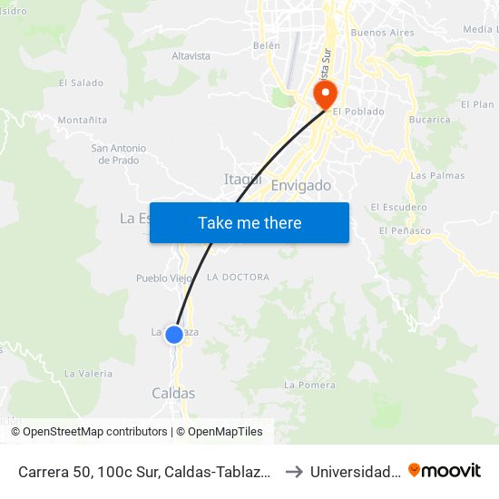 Carrera 50, 100c Sur, Caldas-Tablaza, Gloria Real to Universidad Eafit map