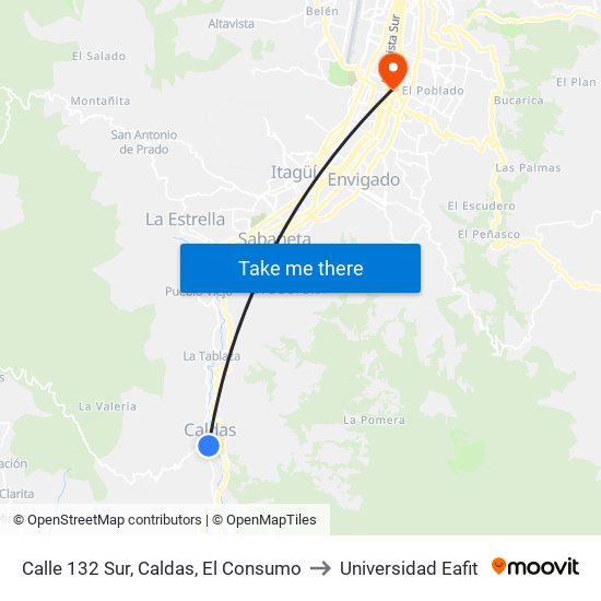 Calle 132 Sur, Caldas, El Consumo to Universidad Eafit map