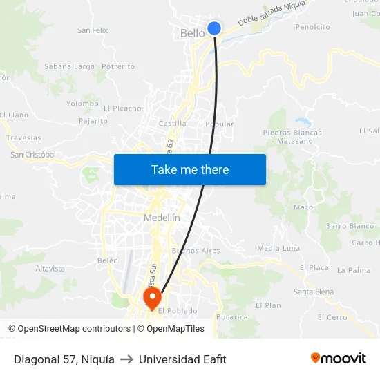Diagonal 57, Niquía to Universidad Eafit map