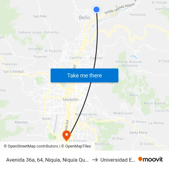Avenida 36a, 64, Niquía, Niquía Quitasol to Universidad Eafit map