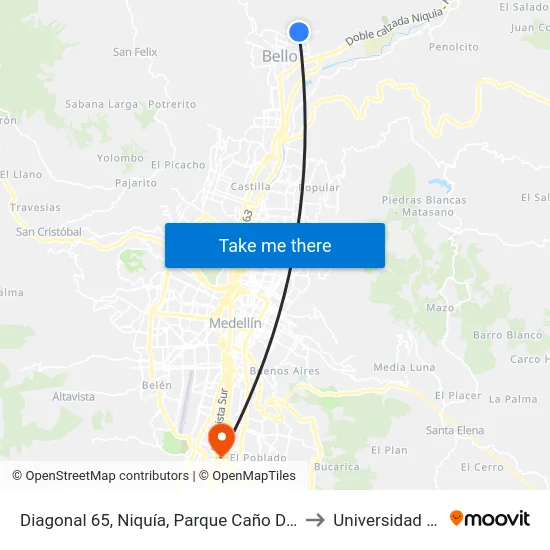 Diagonal 65, Niquía, Parque Caño Del Burro to Universidad Eafit map