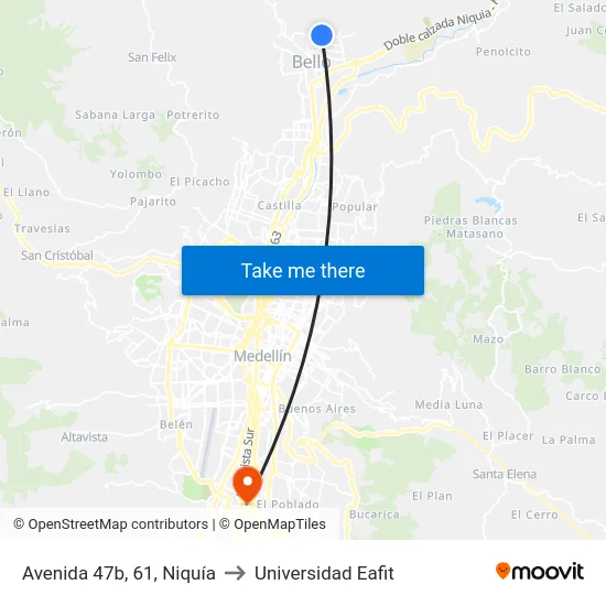 Avenida 47b, 61, Niquía to Universidad Eafit map