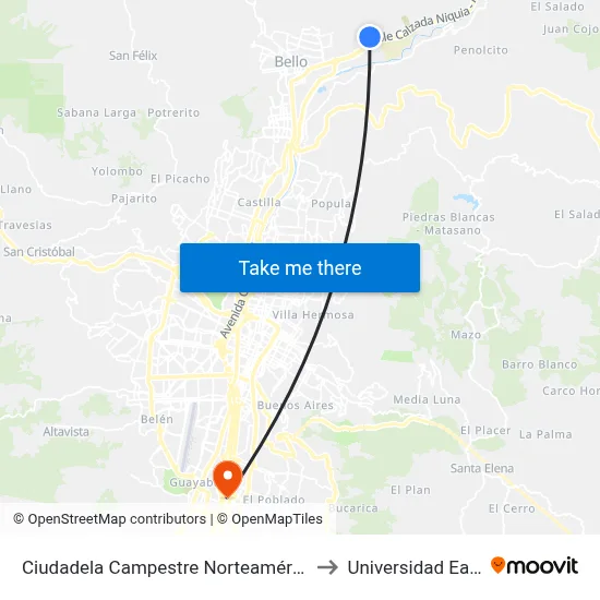 Ciudadela Campestre Norteamérica to Universidad Eafit map