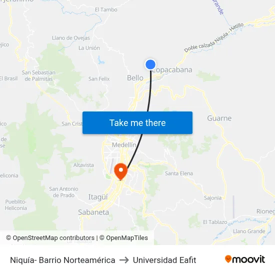 Niquía- Barrio Norteamérica to Universidad Eafit map