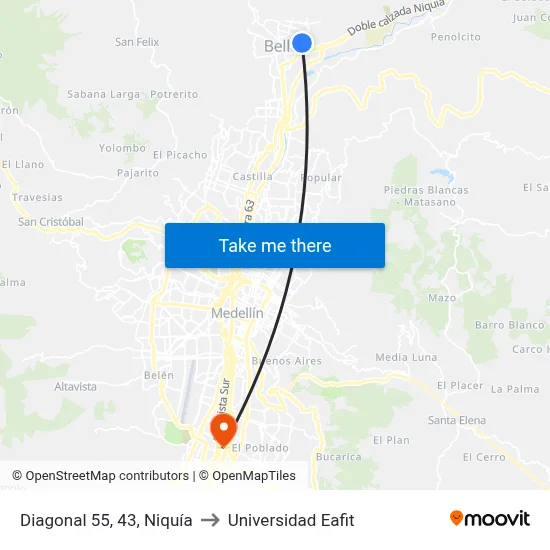 Diagonal 55, 43, Niquía to Universidad Eafit map