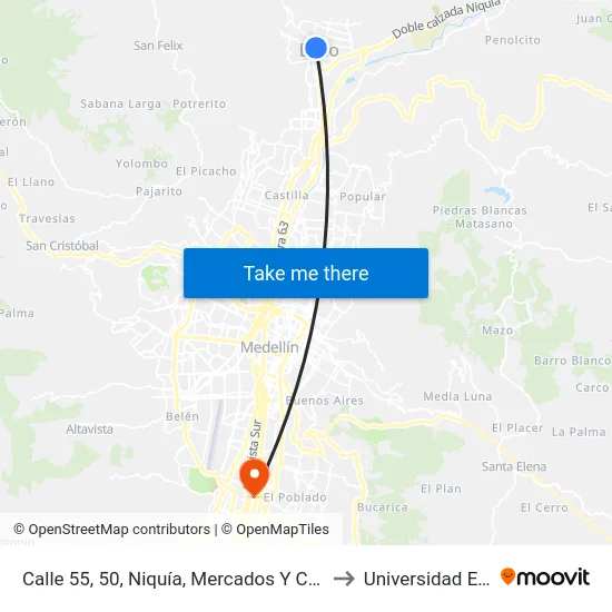 Calle 55, 50, Niquía, Mercados Y Carnes to Universidad Eafit map