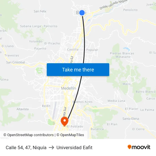 Br. Prado (Cl 54 - Kr 48) to Universidad Eafit map