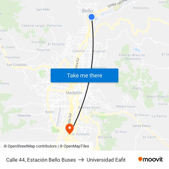 Calle 44, Estación Bello Buses to Universidad Eafit map